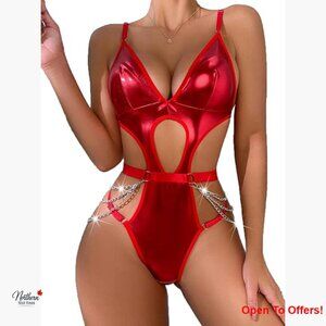 Faux PU Leather Lingerie Bodysuit with Chains Cut Out Teddy